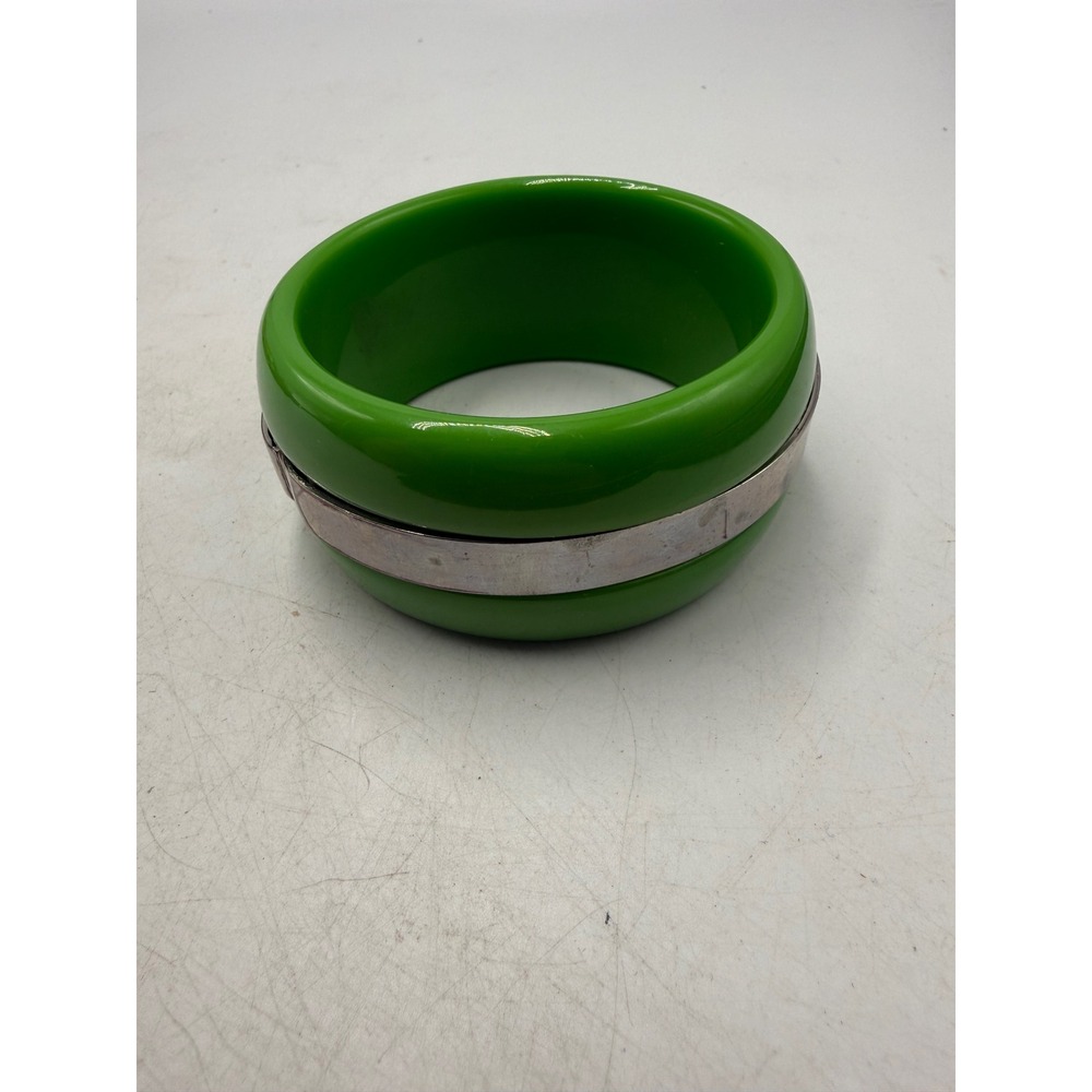 Vintage Green Resin Bangle Bracelet Silver Tone Metal Inlay Chunky Retro Cuff